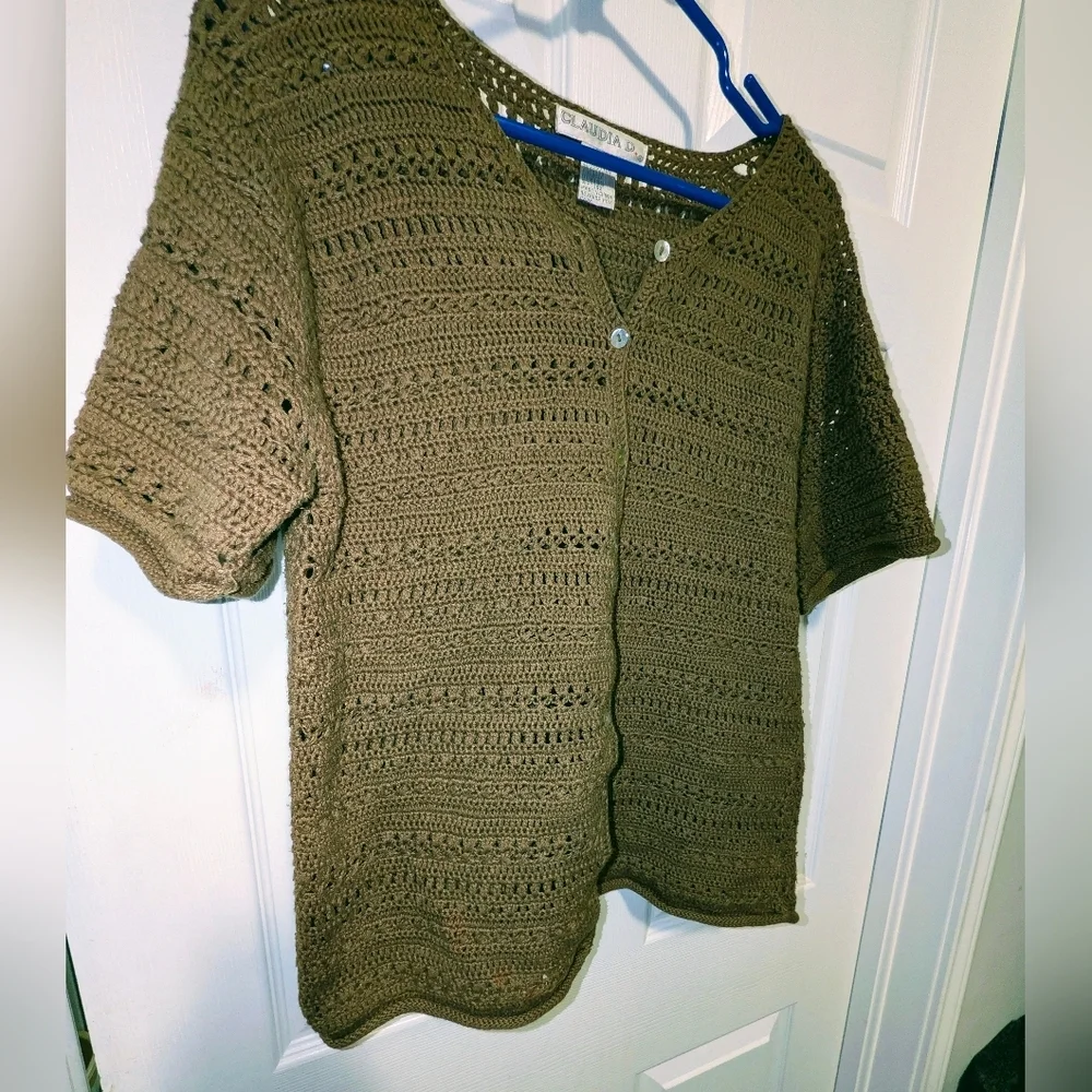 Vintage Claudia D Olive Crochet Cardigan Ramie Cotton Knit Top Large